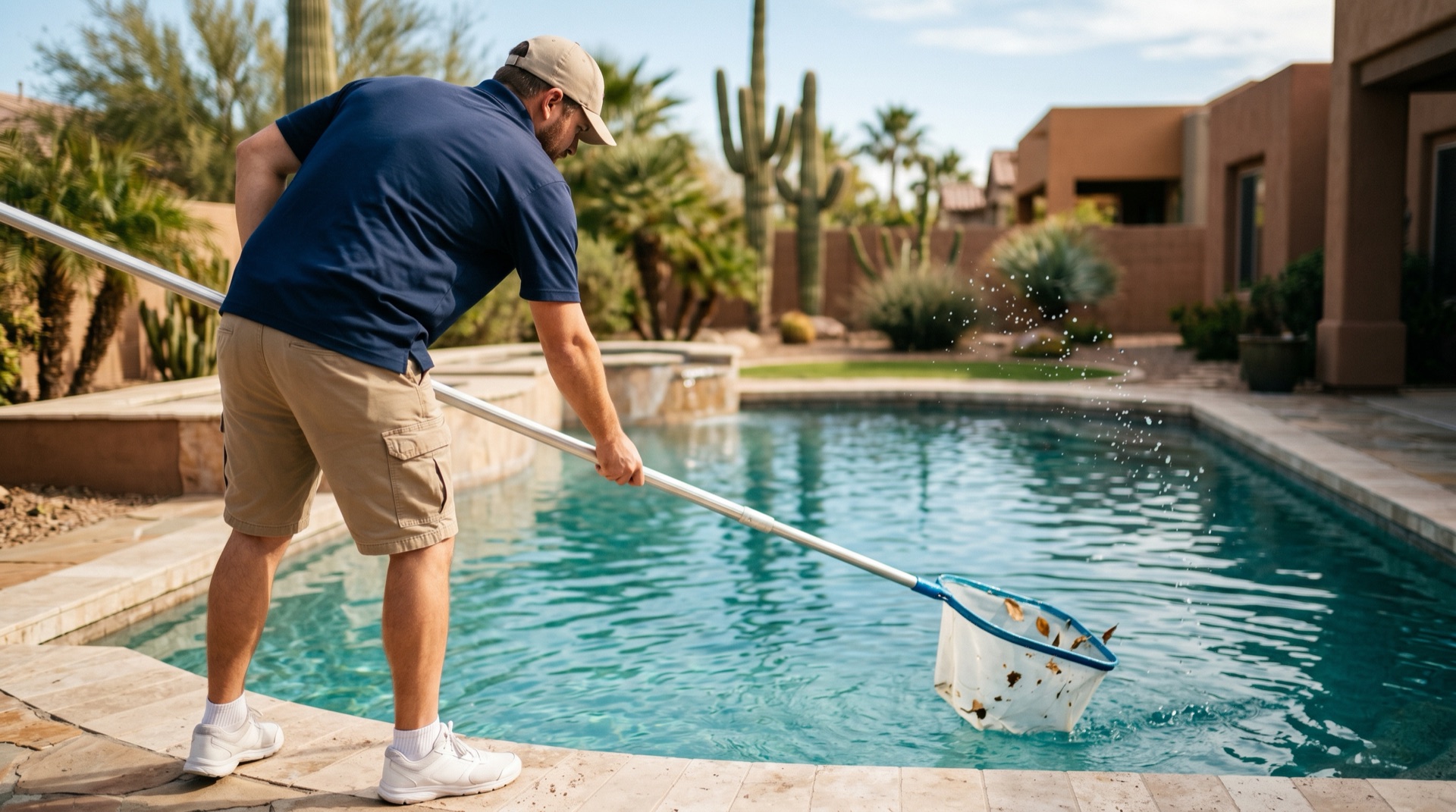 See It Clean Pools technician skimming an Arizona backyard pool